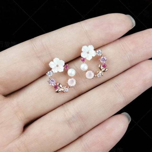 Round Pink Flower Earrings - Picture 3 of 4